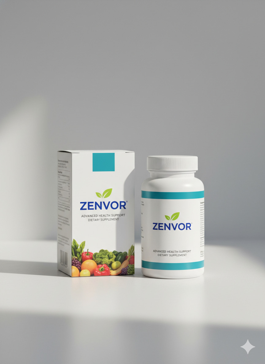 Zenvor food supplement bottle and packaging on a neutral surface